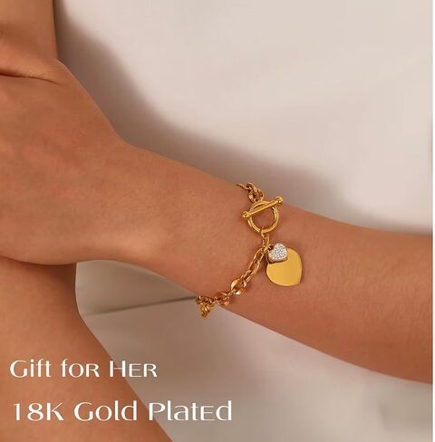 Gold Jewelry for Women, 18K Gold Plated Stainless Steel Bracelet Heart Chain with Toggle Clasp, Trendy, with Gift for Her in Saudi Arabia