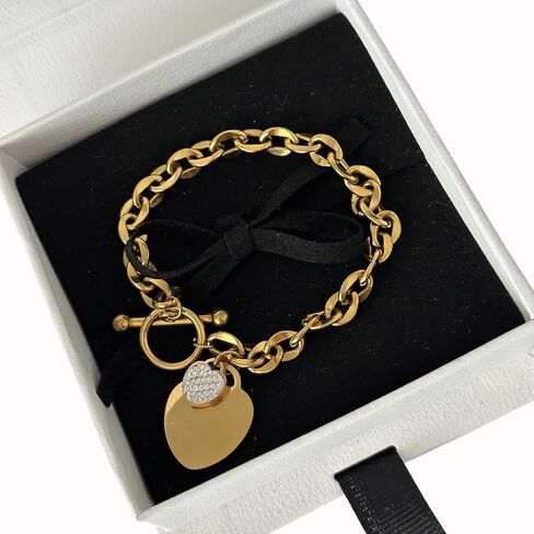 Gold Jewelry for Women, 18K Gold Plated Stainless Steel Bracelet Heart Chain with Toggle Clasp, Trendy, with Gift for Her in Saudi Arabia
