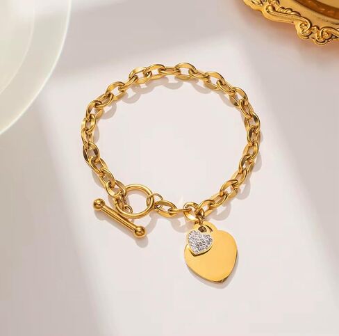Gold Jewelry for Women, 18K Gold Plated Stainless Steel Bracelet Heart Chain with Toggle Clasp, Trendy, with Gift for Her in Saudi Arabia