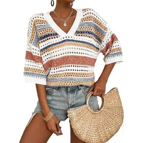 Saodimallsu Womens V Neck Crochet Sweaters Striped Short Sleeve Pullover Hollow Out Tops Beach Cruise Outfits 2025 in Saudi Arabia