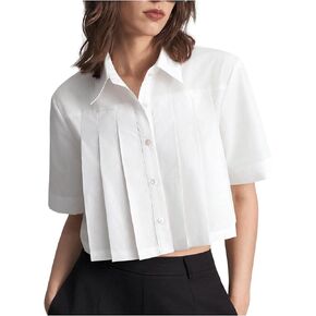 SweatyRocks Women's Pleated Button Down Blouse Short Sleeve Loose Cropped Shirt Tops in Saudi Arabia