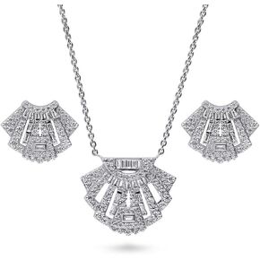 BERRICLE Sterling Silver Vintage Inspired Art Deco Cubic Zirconia CZ Fashion Necklace and Earrings Set for Women, Rhodium Plated in Saudi Arabia