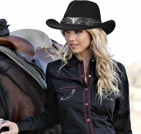 Btilasif Black Cowboy Hat for Men and Women Felt Wide Brim Mens Cowboy Fedora Hat Christmas Cowgirl Hats Gifts in Kuwait