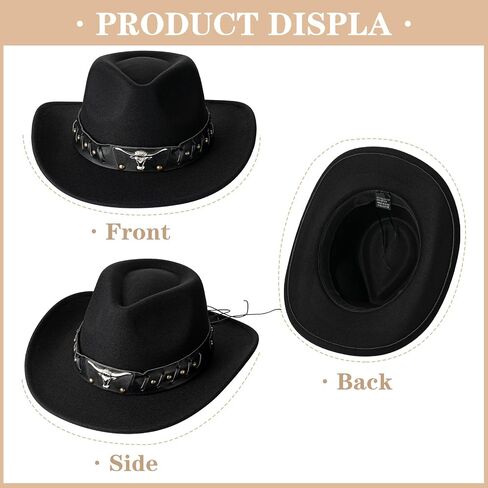 Btilasif Black Cowboy Hat for Men and Women Felt Wide Brim Mens Cowboy Fedora Hat Christmas Cowgirl Hats Gifts in Kuwait
