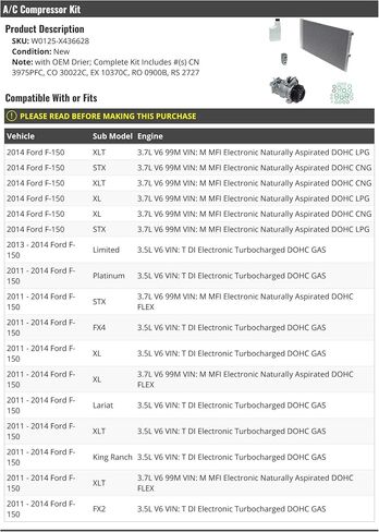 مجموعة ضاغط التيار المتردد-متوافق مع 2011-2014 Ford F-150 V6 (W0125-X436628) in Saudi Arabia