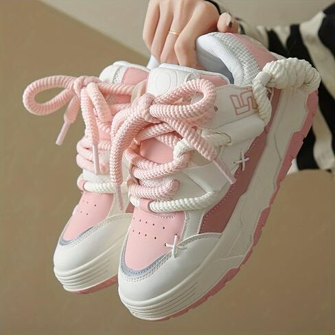 Low-Top Women's Cute Chunky Lace-Up Sneakers - Thick Sole Casual Athletic Shoes, All-Season Design in Saudi Arabia
