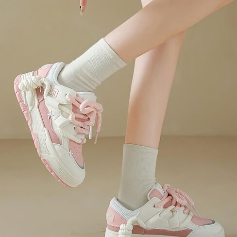 Low-Top Women's Cute Chunky Lace-Up Sneakers - Thick Sole Casual Athletic Shoes, All-Season Design in Saudi Arabia