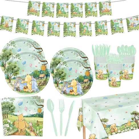 142pcs كلاسيكية دب دش استحمام الطفل أدوات المائدة استحمام الطفل مع لوحات ، منديل ، شوك ، لافتة الكؤوس ومغلق المائدة لمجموعة لوازم حفلة عيد الميلاد يقدم 20 ضيفًا (أصفر) in Kuwait