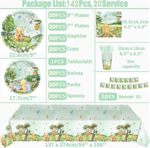 142pcs كلاسيكية دب دش استحمام الطفل أدوات المائدة استحمام الطفل مع لوحات ، منديل ، شوك ، لافتة الكؤوس ومغلق المائدة لمجموعة لوازم حفلة عيد الميلاد يقدم 20 ضيفًا (أصفر) in Kuwait