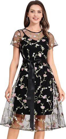 Women Short Sleeve 2 Piece Floral Embroidery Dress Mesh Sheer Wedding Tulle Prom Midi Evening Cocktail Party Dress with Belt in Kuwait