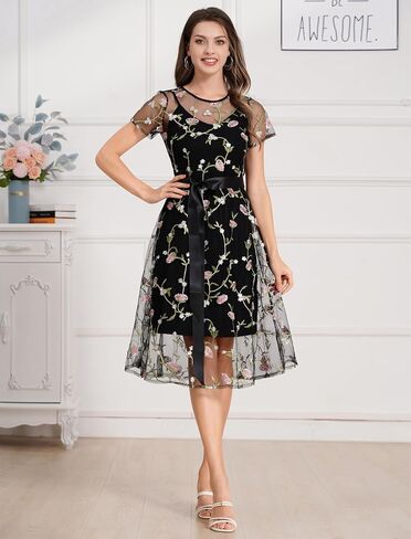 Women Short Sleeve 2 Piece Floral Embroidery Dress Mesh Sheer Wedding Tulle Prom Midi Evening Cocktail Party Dress with Belt in Kuwait