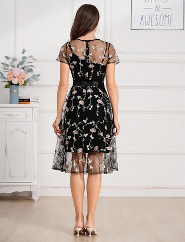 Women Short Sleeve 2 Piece Floral Embroidery Dress Mesh Sheer Wedding Tulle Prom Midi Evening Cocktail Party Dress with Belt in Kuwait