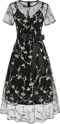 Women Short Sleeve 2 Piece Floral Embroidery Dress Mesh Sheer Wedding Tulle Prom Midi Evening Cocktail Party Dress with Belt in Kuwait