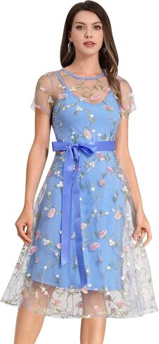Women Short Sleeve 2 Piece Floral Embroidery Dress Mesh Sheer Wedding Tulle Prom Midi Evening Cocktail Party Dress with Belt in Kuwait