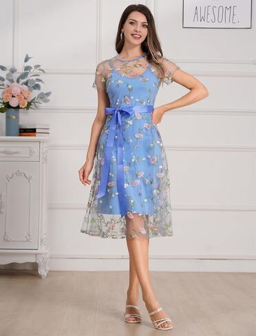 Women Short Sleeve 2 Piece Floral Embroidery Dress Mesh Sheer Wedding Tulle Prom Midi Evening Cocktail Party Dress with Belt in Kuwait