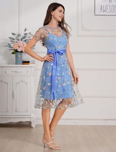 Women Short Sleeve 2 Piece Floral Embroidery Dress Mesh Sheer Wedding Tulle Prom Midi Evening Cocktail Party Dress with Belt in Kuwait