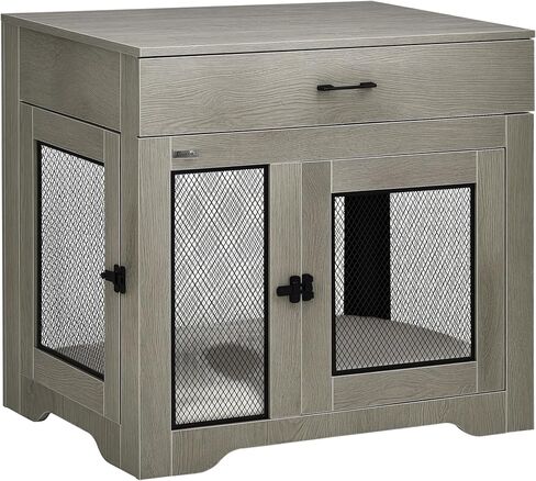 PawHut Dog Crate Furniture with Soft Water-Resistant Cushion, Dog Kennel End Table with Drawer, Puppy Crate for Small Dogs Indoor with 2 Doors, White in Saudi Arabia
