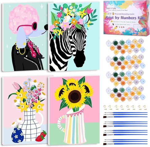 Tiny Fun 4 Pack Paint by Numbers Att for البالغين مع مجموعة طلاء مؤطرة ، DIY من مشروب الكوكتيل موضوع القماش المطبوع مسبقًا مع فرش دهانات معلقة مجموعات ديكور المنزل الودية هدية 9x12inch in Kuwait