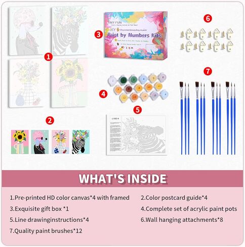 Tiny Fun 4 Pack Paint by Numbers Att for البالغين مع مجموعة طلاء مؤطرة ، DIY من مشروب الكوكتيل موضوع القماش المطبوع مسبقًا مع فرش دهانات معلقة مجموعات ديكور المنزل الودية هدية 9x12inch in Kuwait