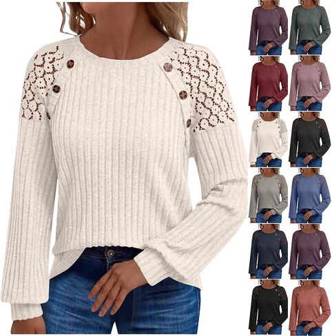 Women Blouses Dressy Casual Long Sleeve Crewneck Shirts Lace Fall Fashion Casual Comfy Fall Tops in Saudi Arabia
