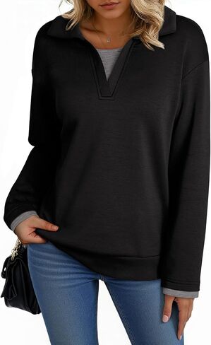 Dokotoo Sweatshirt for Women Long Sleeve V Neck Color Block Oversized Casual Pullover Sweatshirts Tops in Saudi Arabia