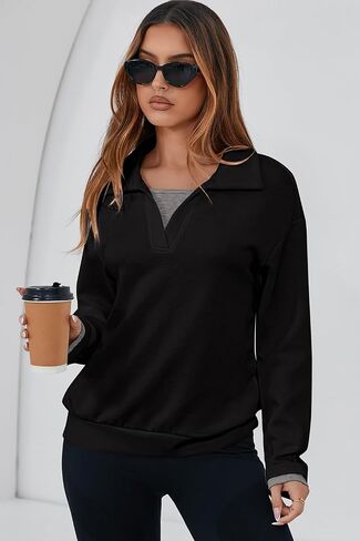 Dokotoo Sweatshirt for Women Long Sleeve V Neck Color Block Oversized Casual Pullover Sweatshirts Tops in Saudi Arabia