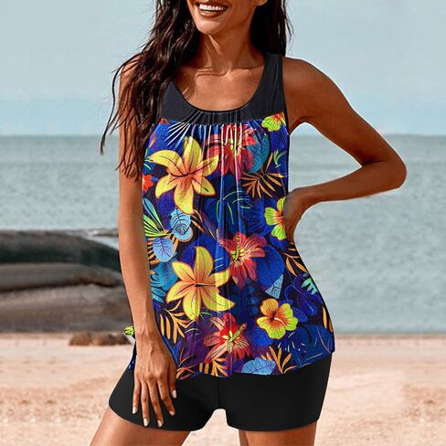 Lastesso Womens Tankini Bathing Suits Trendy Blouson Swim Tank Top with Shorts Fashion Vacation Print Summer Bathing Suits in Saudi Arabia