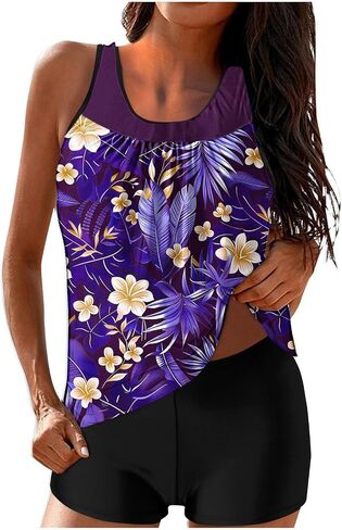 Lastesso Womens Tankini Bathing Suits Trendy Blouson Swim Tank Top with Shorts Fashion Vacation Print Summer Bathing Suits in Saudi Arabia
