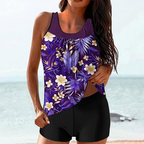 Lastesso Womens Tankini Bathing Suits Trendy Blouson Swim Tank Top with Shorts Fashion Vacation Print Summer Bathing Suits in Saudi Arabia