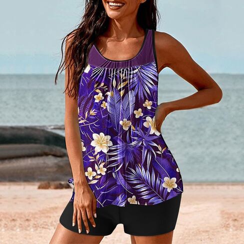 Lastesso Womens Tankini Bathing Suits Trendy Blouson Swim Tank Top with Shorts Fashion Vacation Print Summer Bathing Suits in Saudi Arabia
