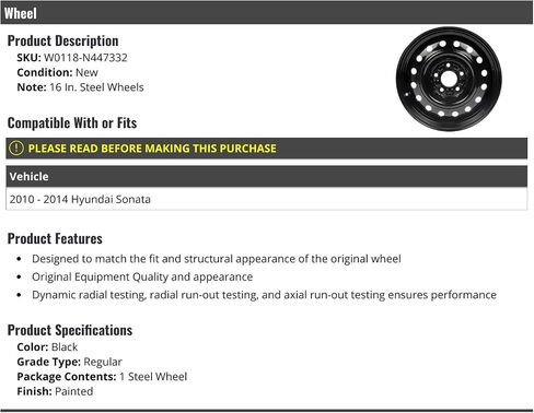Steel Wheel - Black - 16 Inch - Compatible with 2010-2014 Hyundai Sonata in Saudi Arabia