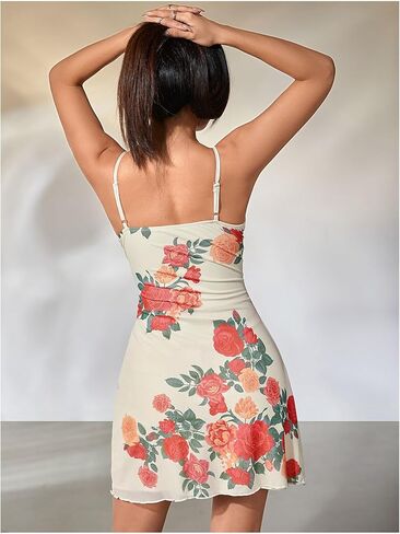 فستان MakeMeChic نسائي قصير بطبعات زهور وحزام سباغيتي واسع صيفي قصير in Kuwait