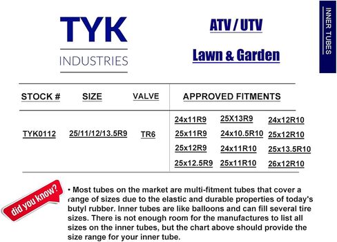 (حزمة) Tyk Industries 25x11-9 الأنبوب الداخلي لـ ATV و UTV ، 25 × 11.00-9 الأنبوب الداخلي للإطار الشعاعي أو التحيز مع جذع صمام TR6 in Saudi Arabia