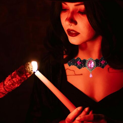 Gothic Lace Choker Necklace for Women Vintage Velvet Gemstone Clavicle Chain Punk Style Hollowed Out Lace Necklaces Halloween Vampire Party Jewelry in Kuwait