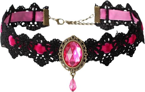 Gothic Lace Choker Necklace for Women Vintage Velvet Gemstone Clavicle Chain Punk Style Hollowed Out Lace Necklaces Halloween Vampire Party Jewelry in Kuwait