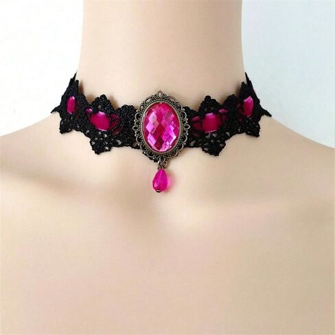 Gothic Lace Choker Necklace for Women Vintage Velvet Gemstone Clavicle Chain Punk Style Hollowed Out Lace Necklaces Halloween Vampire Party Jewelry in Kuwait