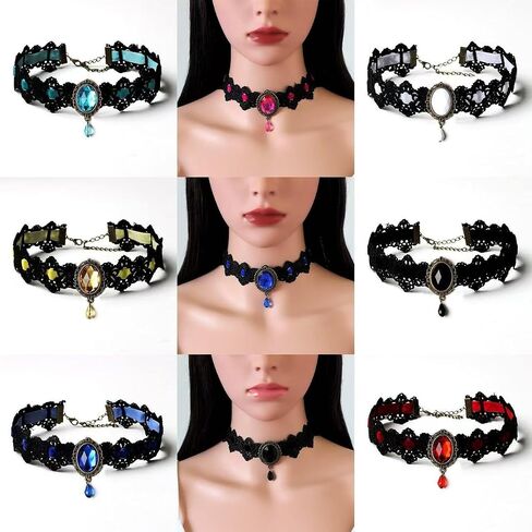 Gothic Lace Choker Necklace for Women Vintage Velvet Gemstone Clavicle Chain Punk Style Hollowed Out Lace Necklaces Halloween Vampire Party Jewelry in Kuwait
