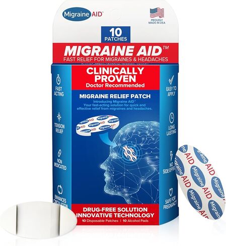 Migraine AID Migraine Relief Patches - Fast Acting, Non Medicated Support for Head Tension, Easy to Apply Headache Patches, Safe for Everyday Use, 10 Disposable Migraine Patches, Made in USA in Saudi Arabia