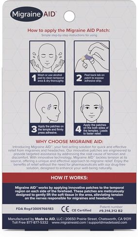 Migraine AID Migraine Relief Patches - Fast Acting, Non Medicated Support for Head Tension, Easy to Apply Headache Patches, Safe for Everyday Use, 10 Disposable Migraine Patches, Made in USA in Saudi Arabia