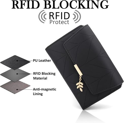Women's Bifold Vegan Leather Wallet RFID Blocking with Leaf Pendant, Compact Card Holder Organizer, Zipper Coin Pocket, ID Window, Multi Card Slots (ash blue) in Saudi Arabia