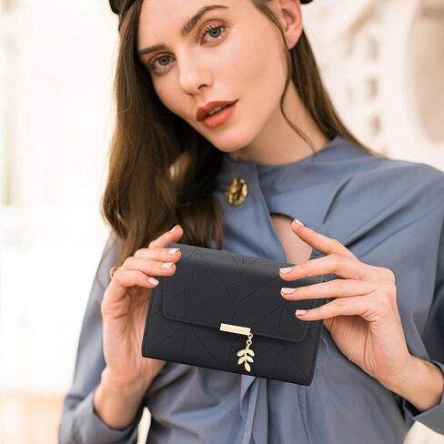 Women's Bifold Vegan Leather Wallet RFID Blocking with Leaf Pendant, Compact Card Holder Organizer, Zipper Coin Pocket, ID Window, Multi Card Slots (ash blue) in Saudi Arabia
