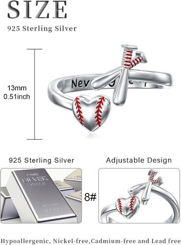 925 Sterling Silver Adjustable Baseball Ring Sport Baseball Jewelry Gifts for Men Women in Kuwait