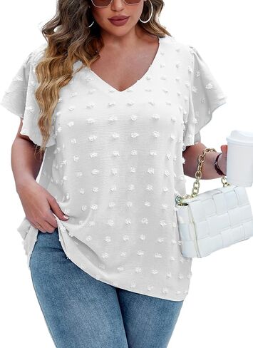 in'Voland Womens بالإضافة إلى حجم بلوزة بيضاء أنيقة v الرقبة لطيف الكشكش الأكمام الصيف قمم تدفق بوم بوم tshirts in Saudi Arabia