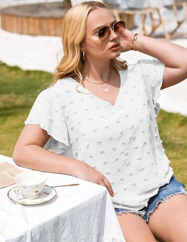 in'Voland Womens بالإضافة إلى حجم بلوزة بيضاء أنيقة v الرقبة لطيف الكشكش الأكمام الصيف قمم تدفق بوم بوم tshirts in Saudi Arabia