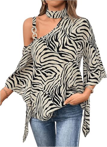 SweatyRocks Women's Zebra Striped Blouse Cold Shoulder Asymmetrical 3/4 Sleeve Tops in Saudi Arabia