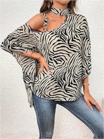 SweatyRocks Women's Zebra Striped Blouse Cold Shoulder Asymmetrical 3/4 Sleeve Tops in Saudi Arabia