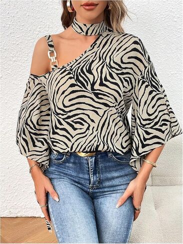SweatyRocks Women's Zebra Striped Blouse Cold Shoulder Asymmetrical 3/4 Sleeve Tops in Saudi Arabia