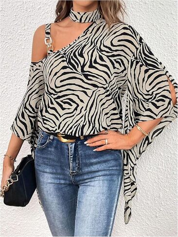SweatyRocks Women's Zebra Striped Blouse Cold Shoulder Asymmetrical 3/4 Sleeve Tops in Saudi Arabia