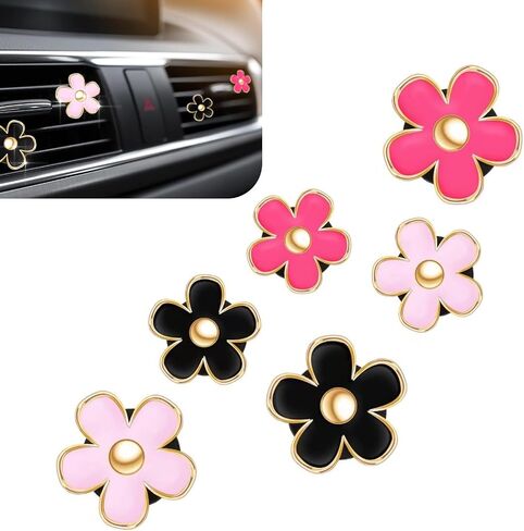 6PCS Car Air Vent Clip, Cute Daisy Air Conditioning Outlet Clip, Car Flower Air Freshener Clip, Auto Interior Decor Accessories for Women and Girls (Black-Pink-White, 6PCS) in Saudi Arabia