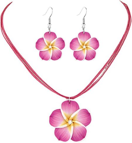 Dreuyet Colorful Plumeria Rubra Necklace Earrings Set for Women Elegant Hawaiian Style Flower Necklaces Bohemia Tropical Flower Dangle Earrings Luau Beach Party Accessories in Kuwait